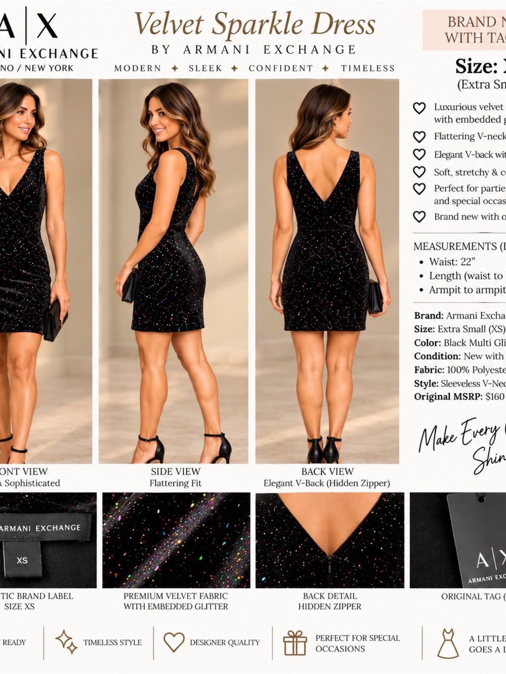 Armani Exchange Black Velvet Mini Dress with Multicolor Glitter